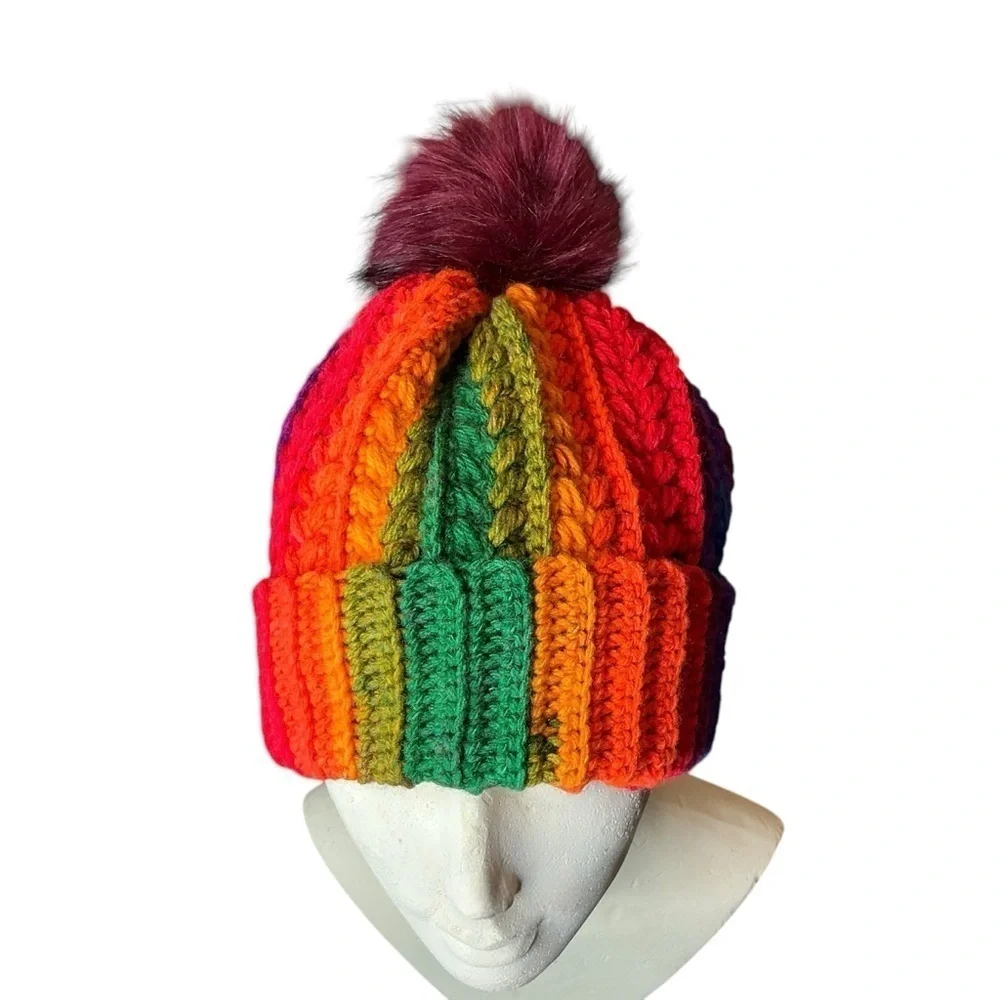 Handcrafted Crochet Multicolor Winter Hat Snowy Wheat Knit Beanie with Pom Pom